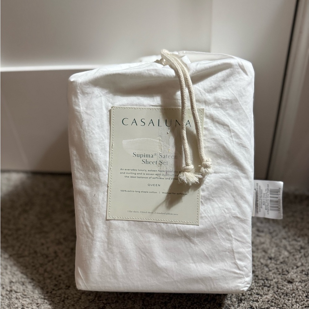 New Queen Casaluna Supima Sateen Sheet Set in Elegant & Timeless Bright White.